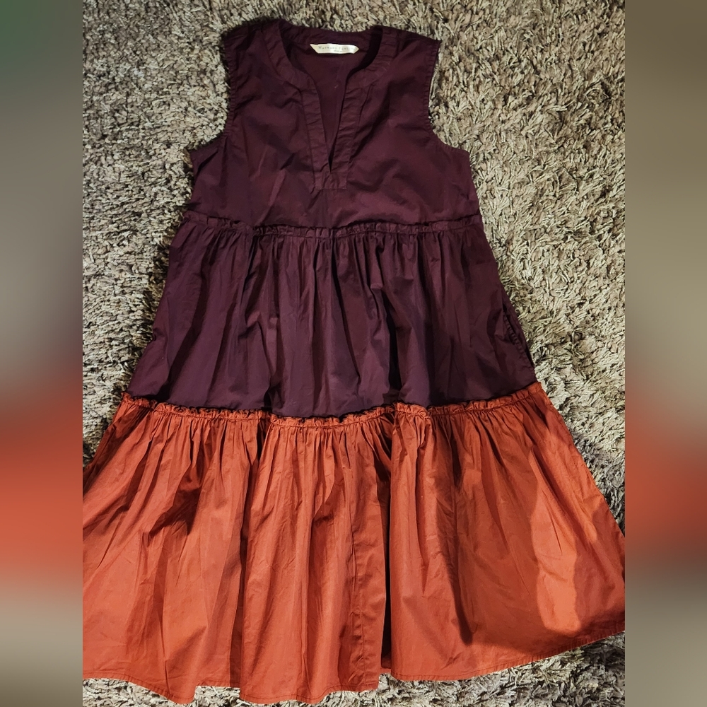 Gorgeous Tiered Autumn Colorblock 100% Cotton Dress EUC